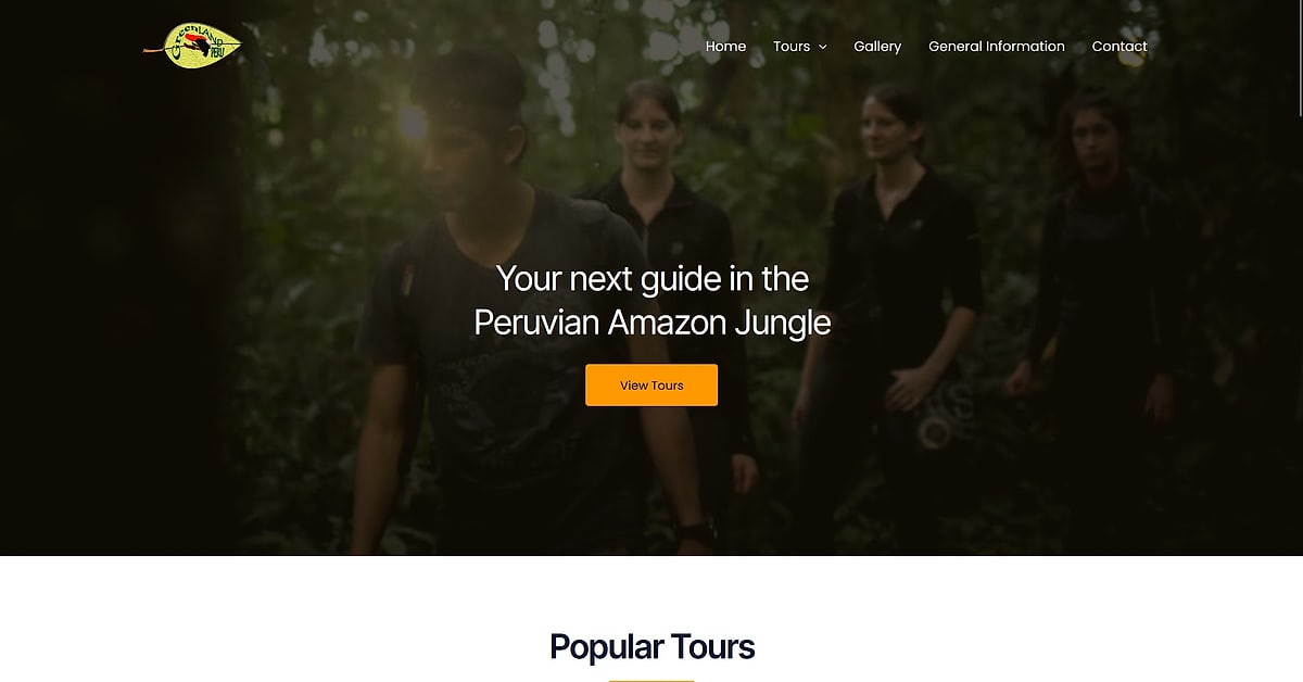 Startpagina van Greenland Peru met een boeking voor een tocht in het Amazonewoud.