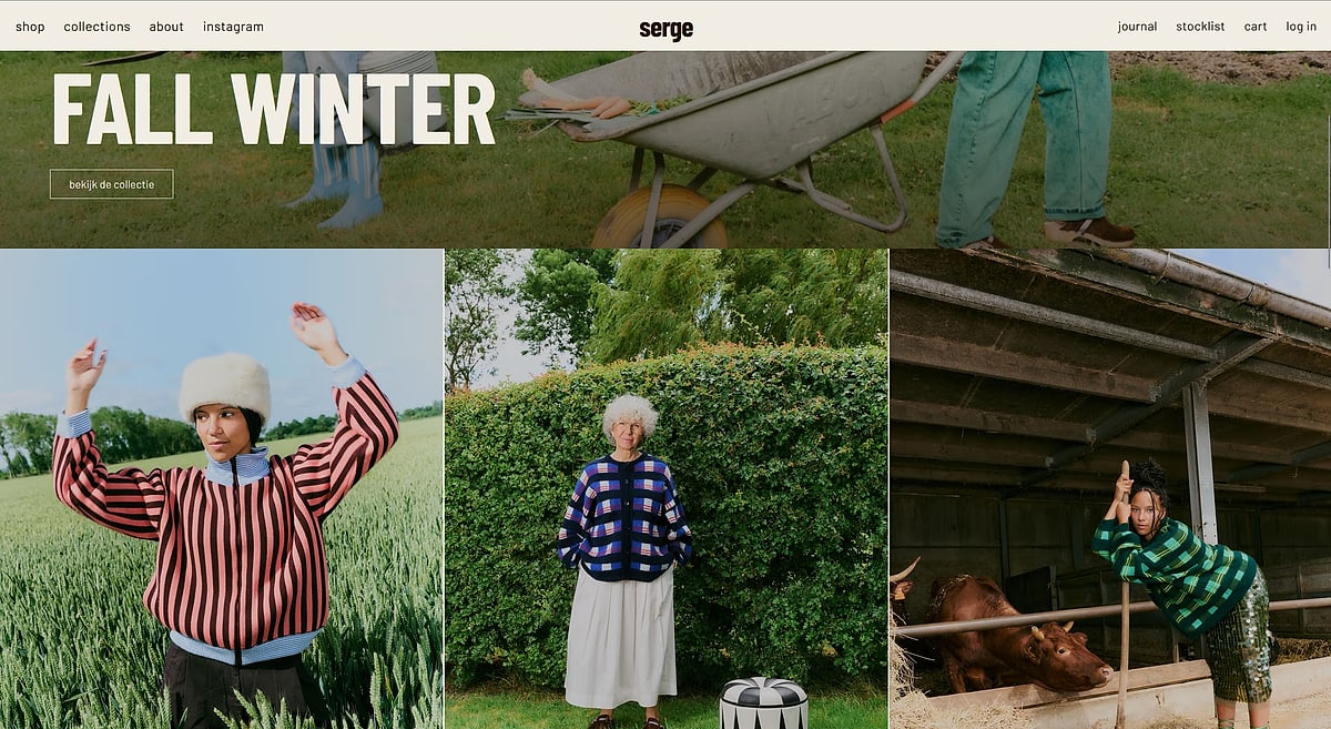 Startpagina van Serge the Label met de najaarscollectie onder het openingsbeeld.